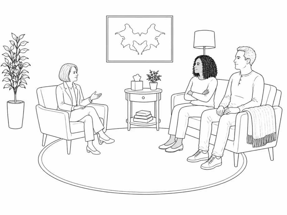 Line drawing of Dr. Furr in session with a couple in a calm therapy office