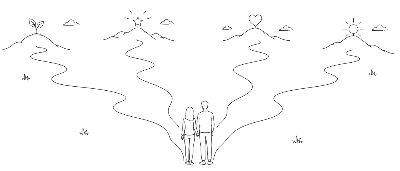 A couple stands at a crossroads with four winding paths leading up to a sprout, a star, a heart, and a sun.